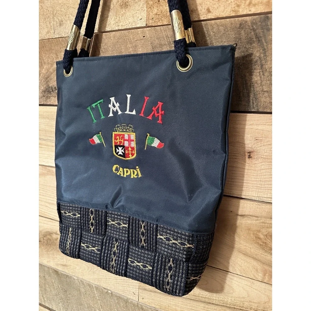 Vintage Italia Capri Navy Blue Nylon Women's Tote Handbag Embroidered Nautical